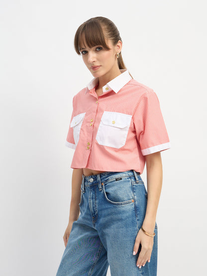 Women Red & White Stripes Crop Shirt