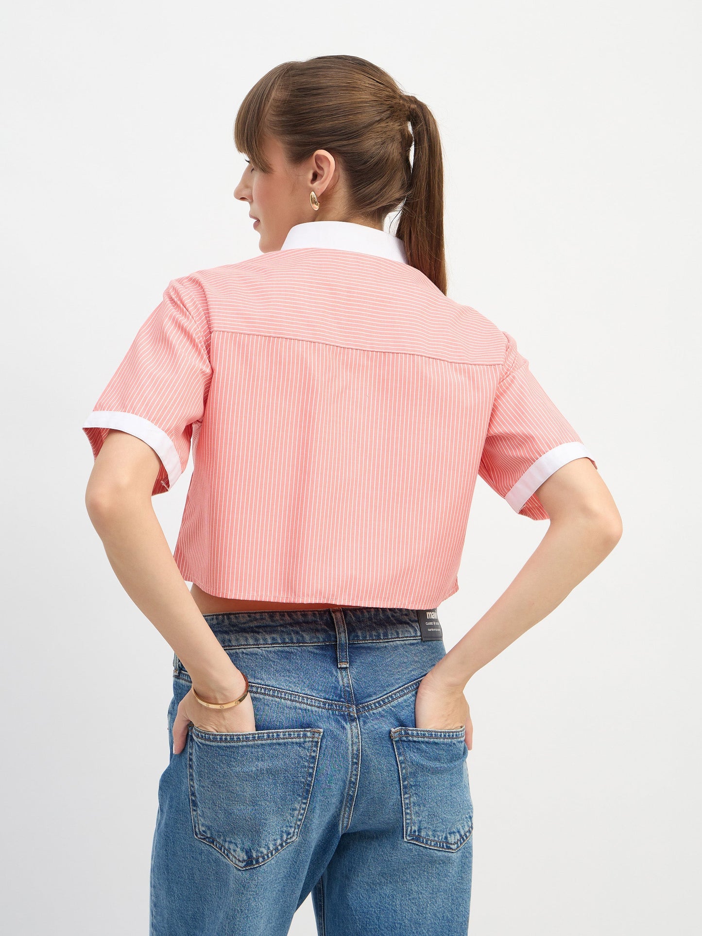 Women Red & White Stripes Crop Shirt