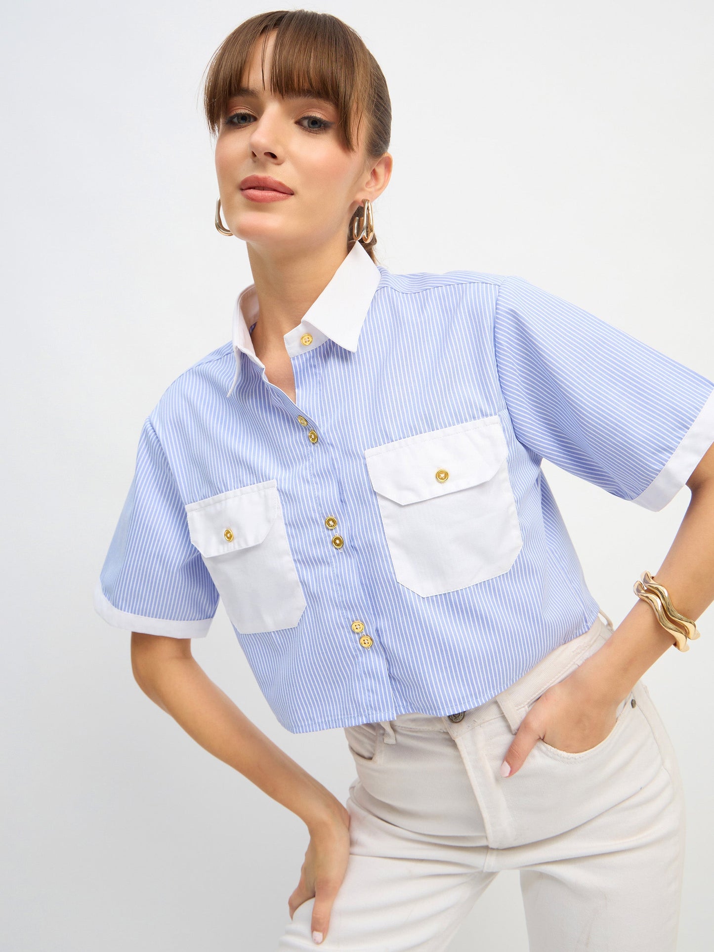 Women Blue & White Stripes Crop Shirt