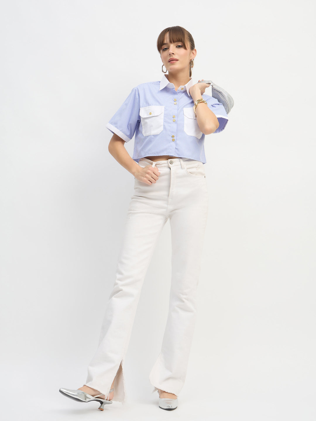 Women Blue &amp; White Stripes Crop Shirt