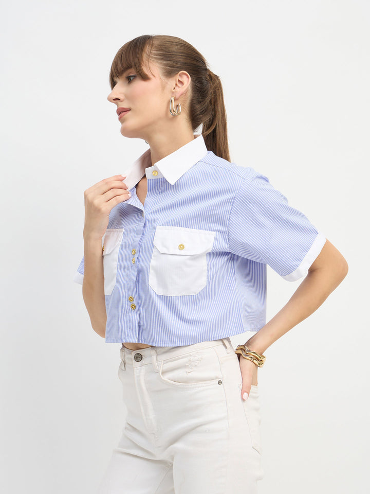 Women Blue &amp; White Stripes Crop Shirt