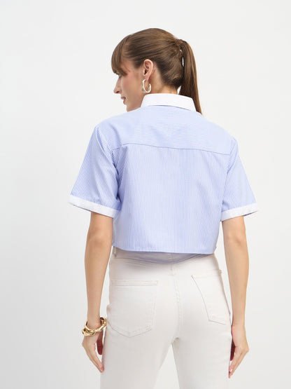 Women Blue & White Stripes Crop Shirt