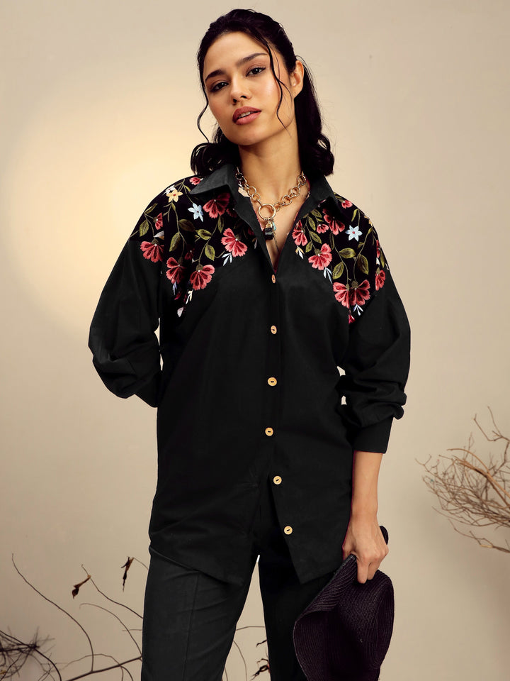 Women Black Poplin Embroidered Shirt
