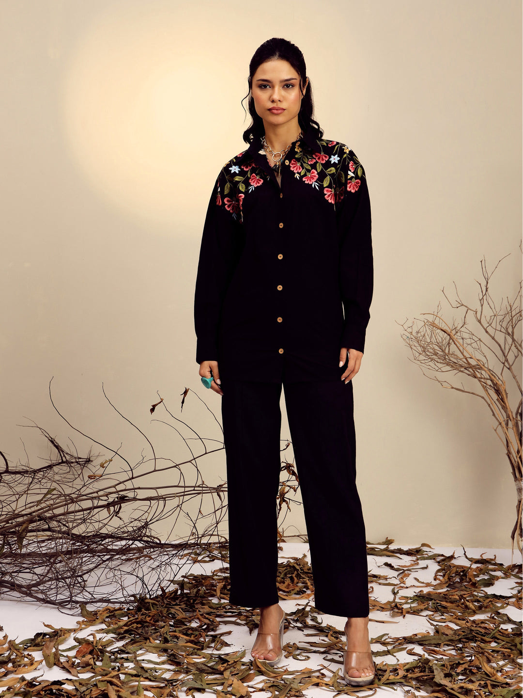 Women Black Poplin Embroidered Shirt