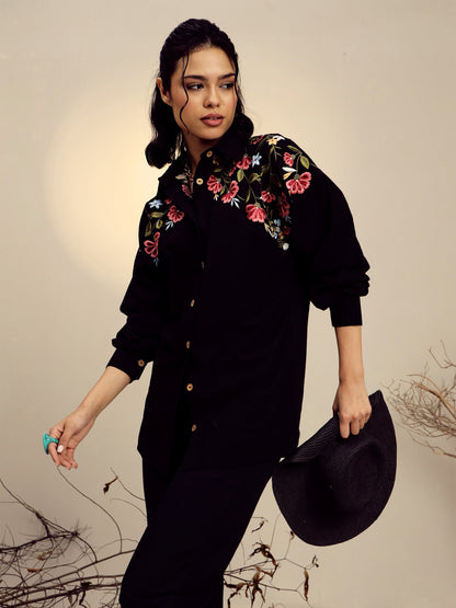 Women Black Poplin Embroidered Shirt