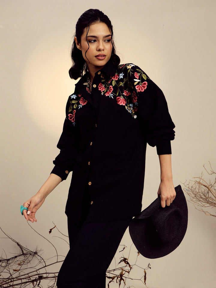 Women Black Poplin Embroidered Shirt