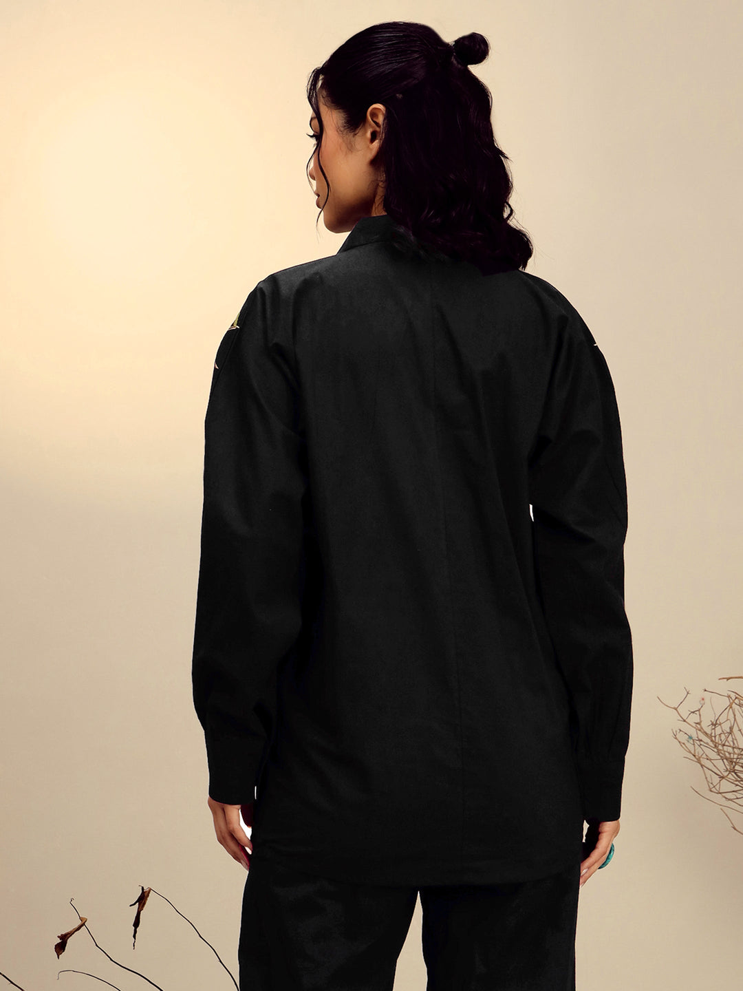 Women Black Poplin Embroidered Shirt