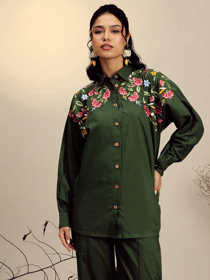 Women Olive Poplin Embroidered Shirt