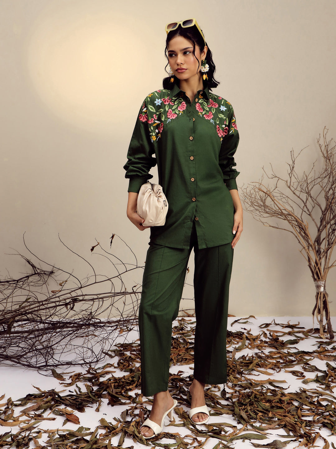 Women Olive Poplin Embroidered Shirt