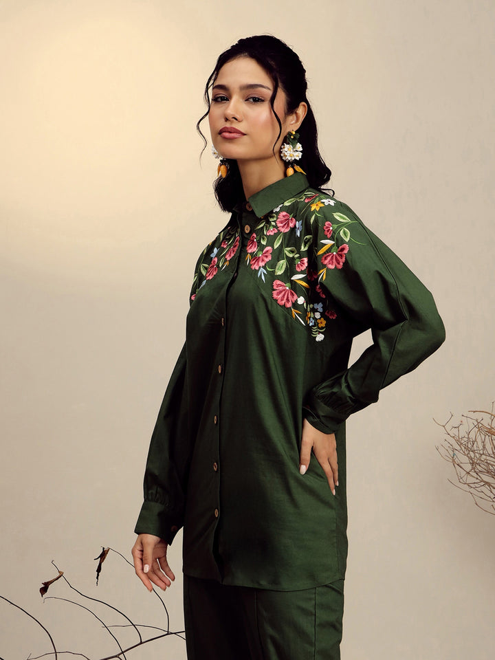 Women Olive Poplin Embroidered Shirt