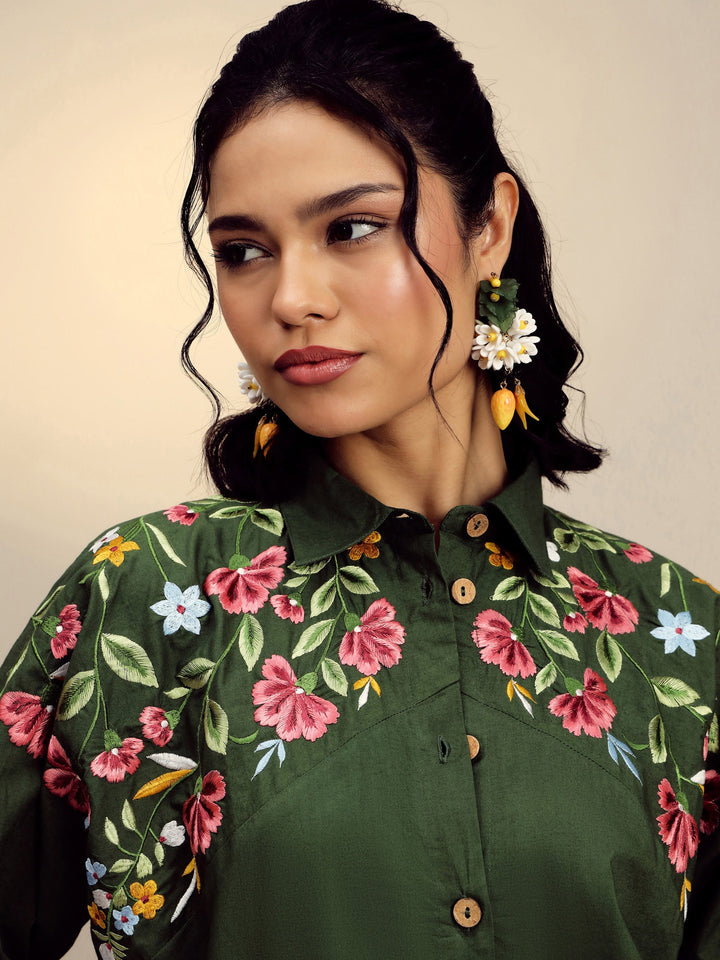 Women Olive Poplin Embroidered Shirt