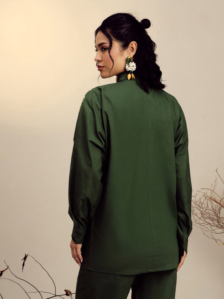 Women Olive Poplin Embroidered Shirt