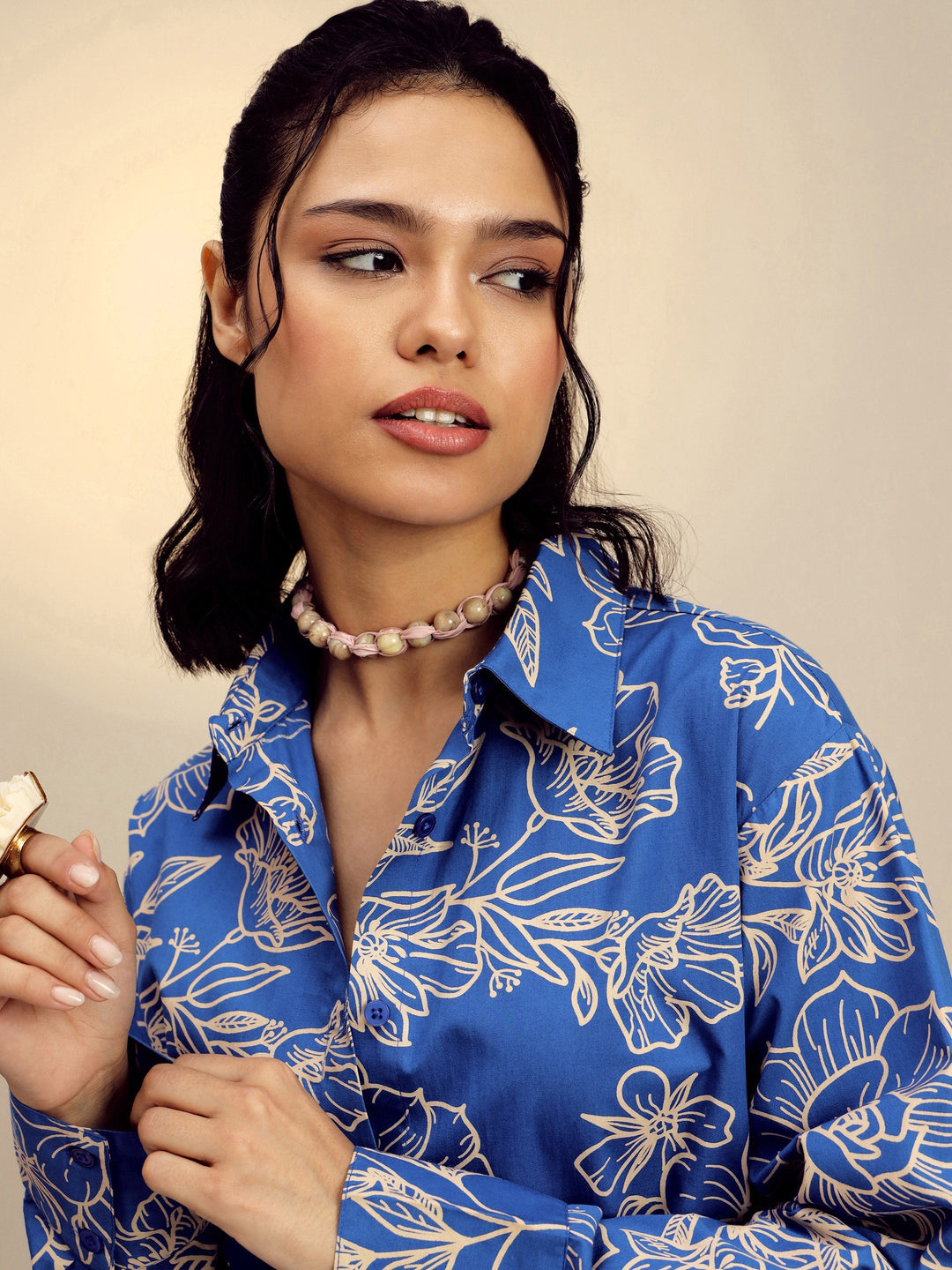 Women Blue Poplin Floral Regular Shirt
