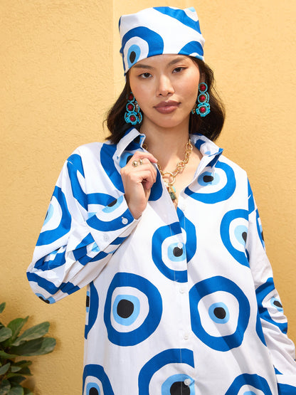 White Poplin Evil Eye Print Regular Shirt