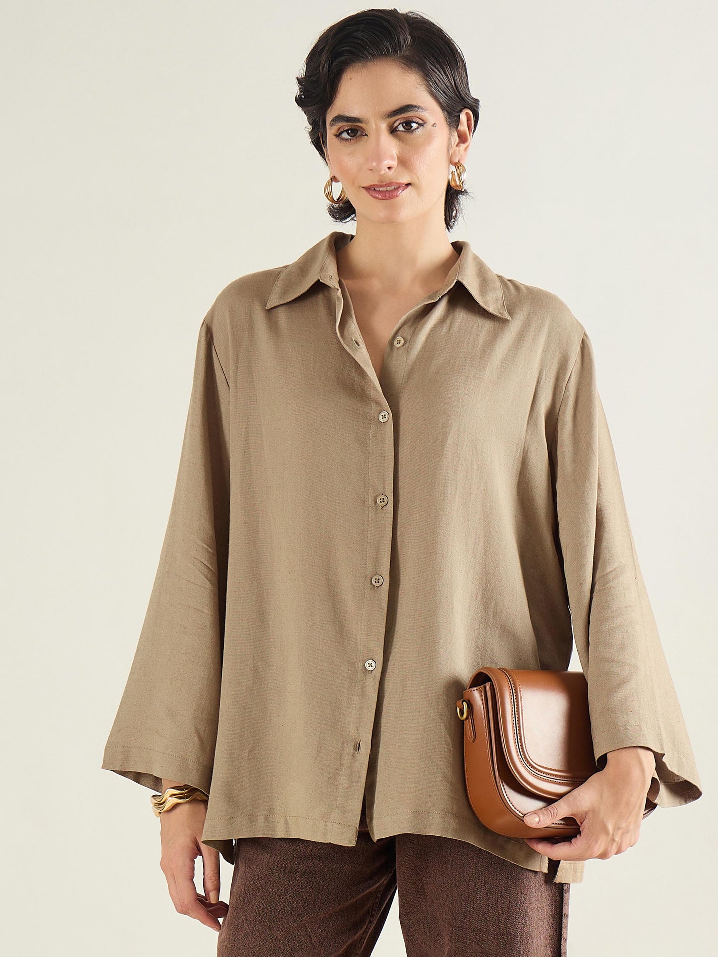Women Beige Linen Oversize Shirt