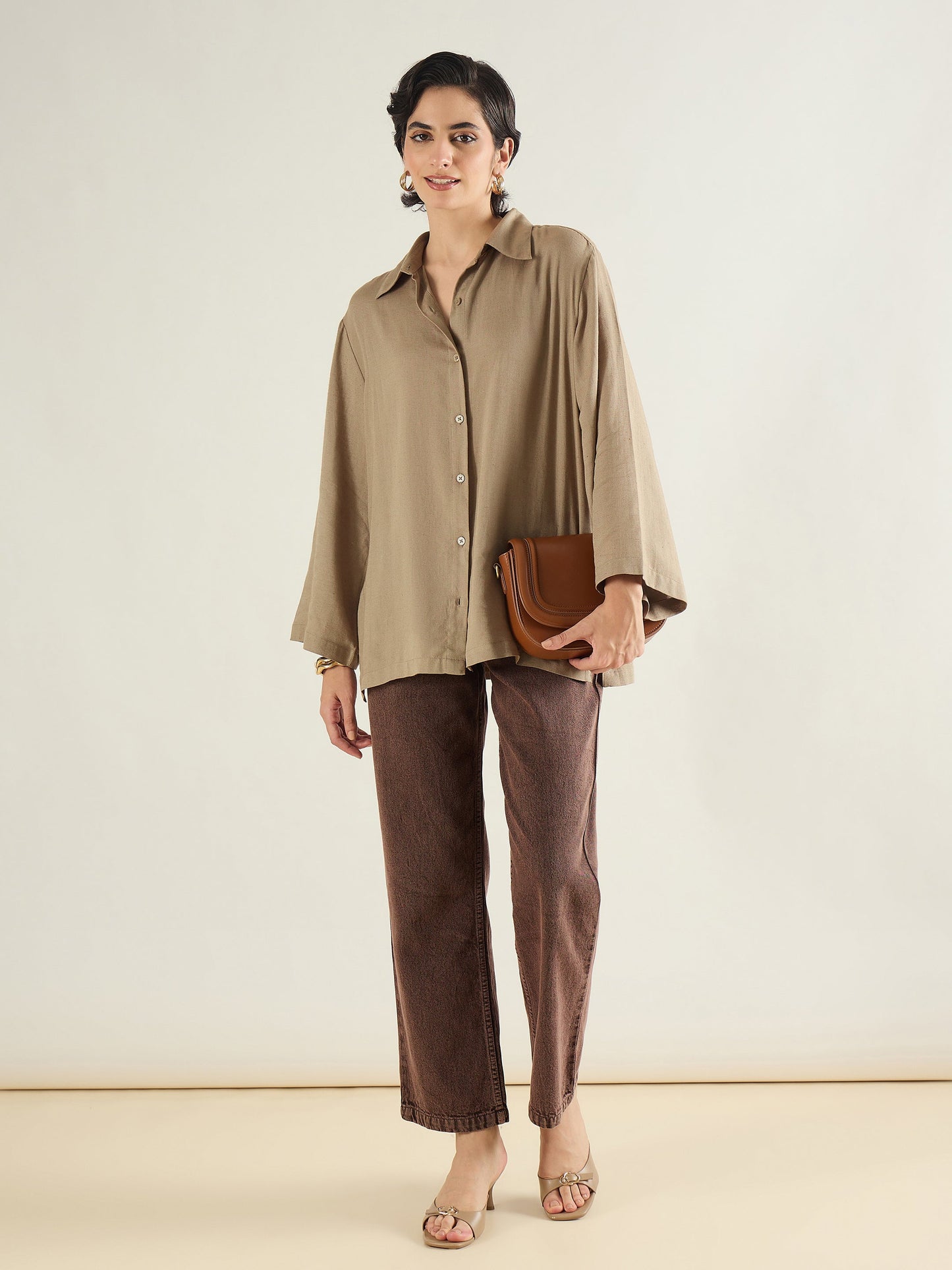 Women Beige Linen Oversize Shirt