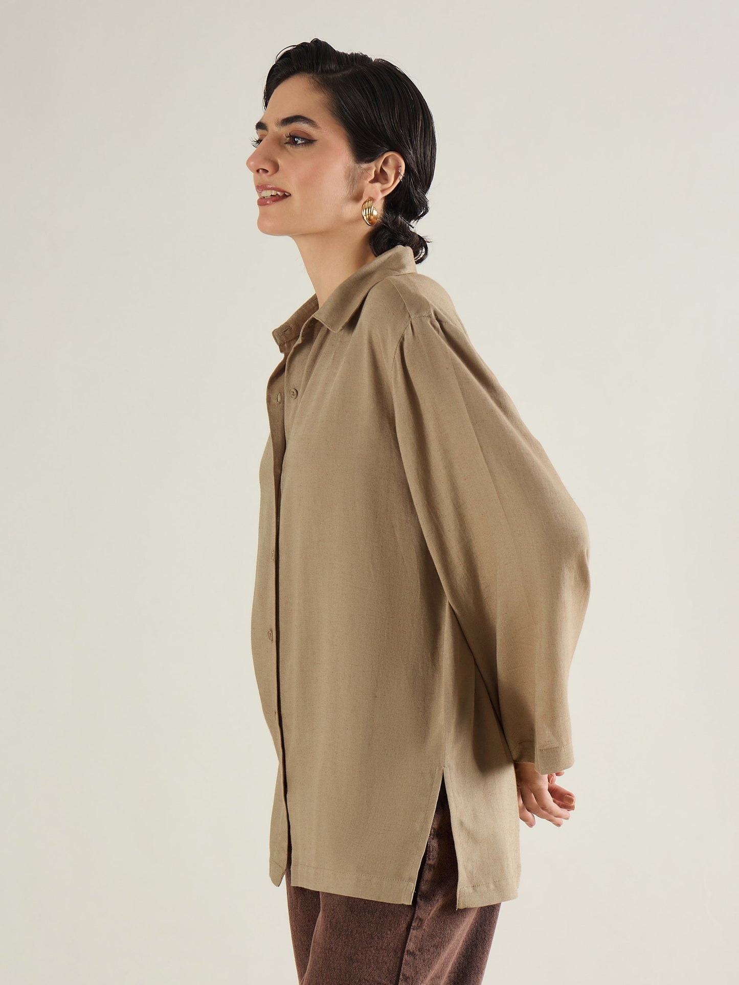 Women Beige Linen Oversize Shirt