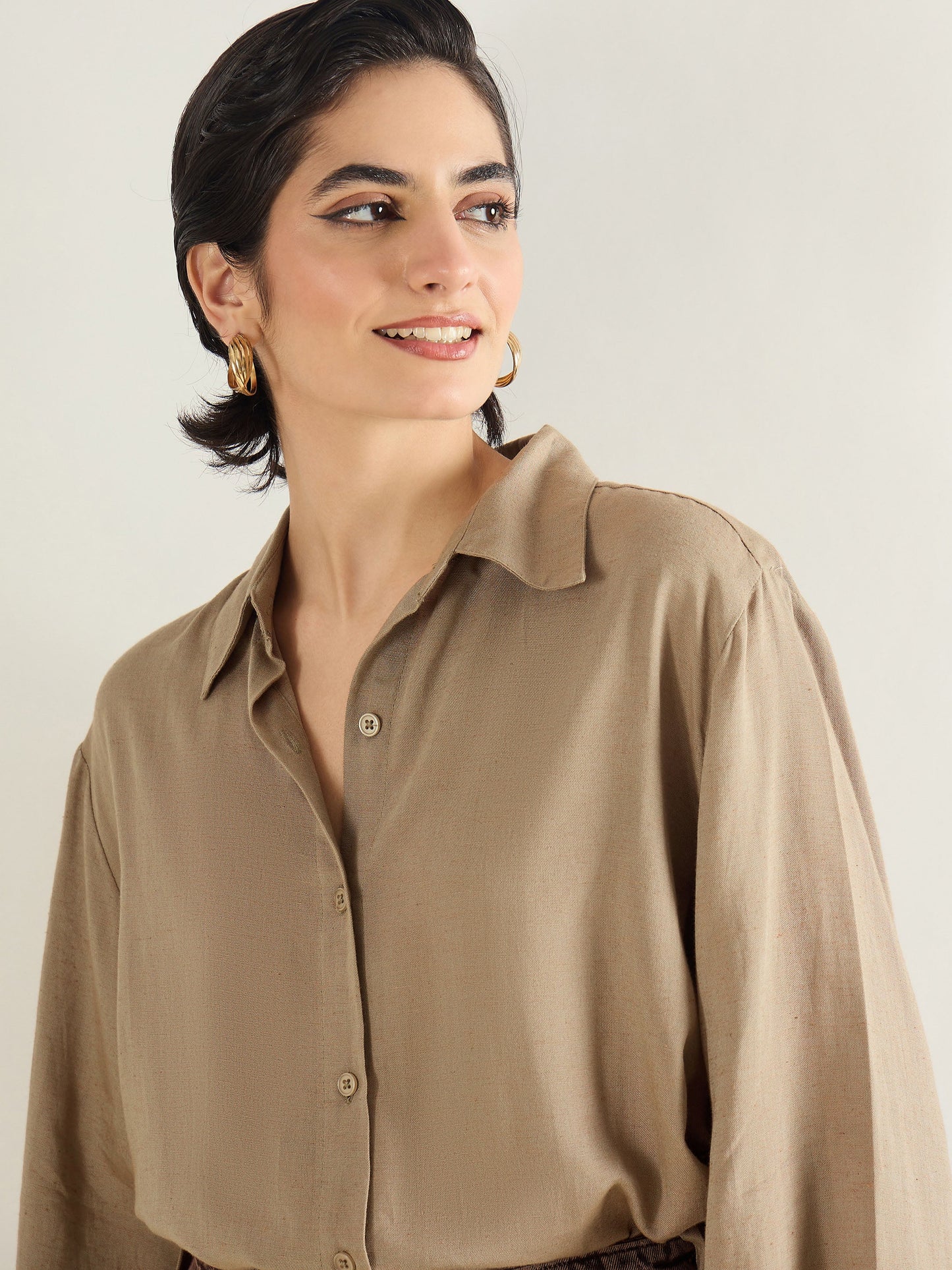 Women Beige Linen Oversize Shirt