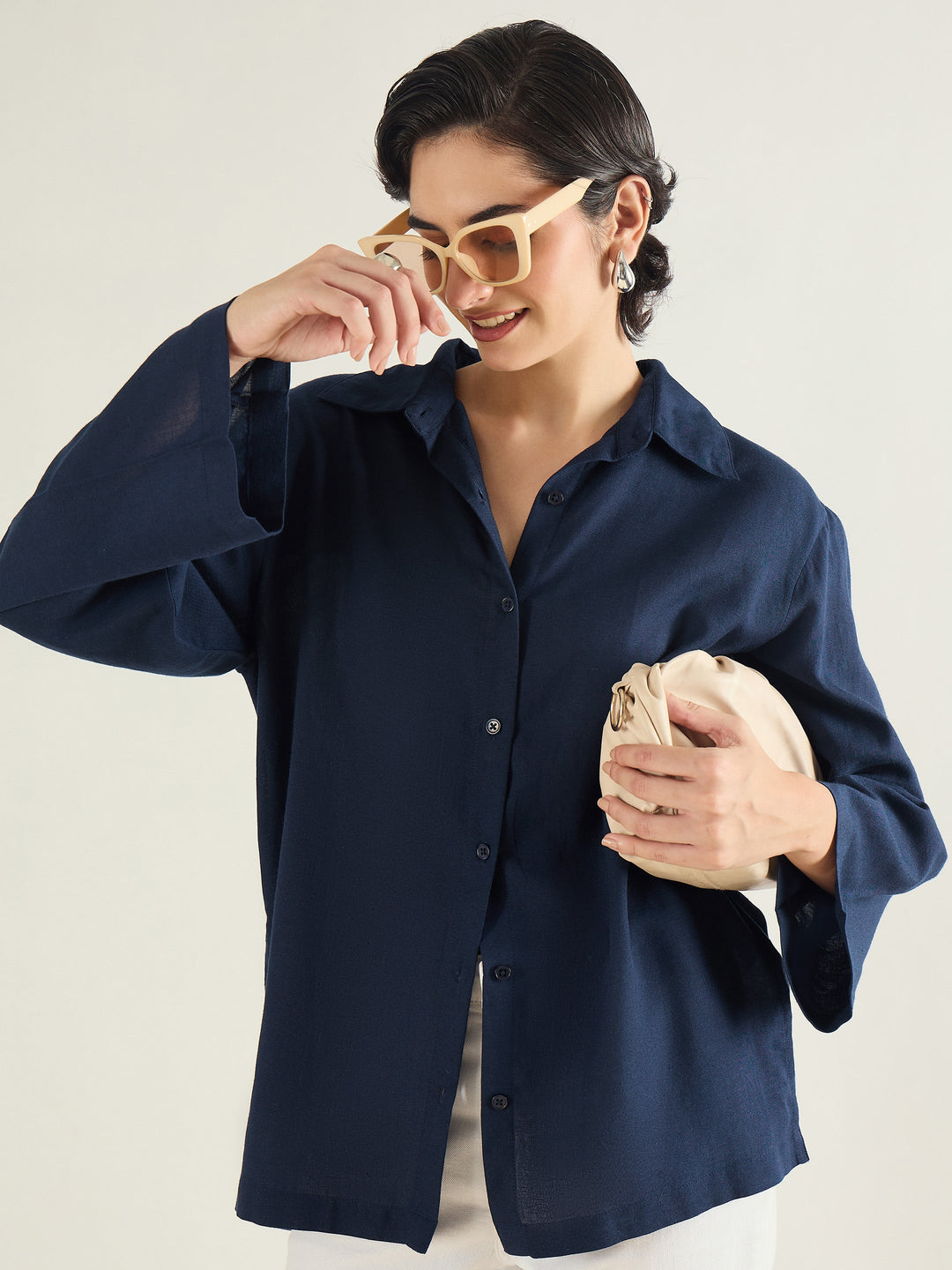 Women Navy Linen Oversize Shirt