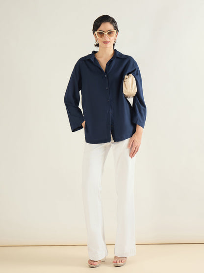Women Navy Linen Oversize Shirt