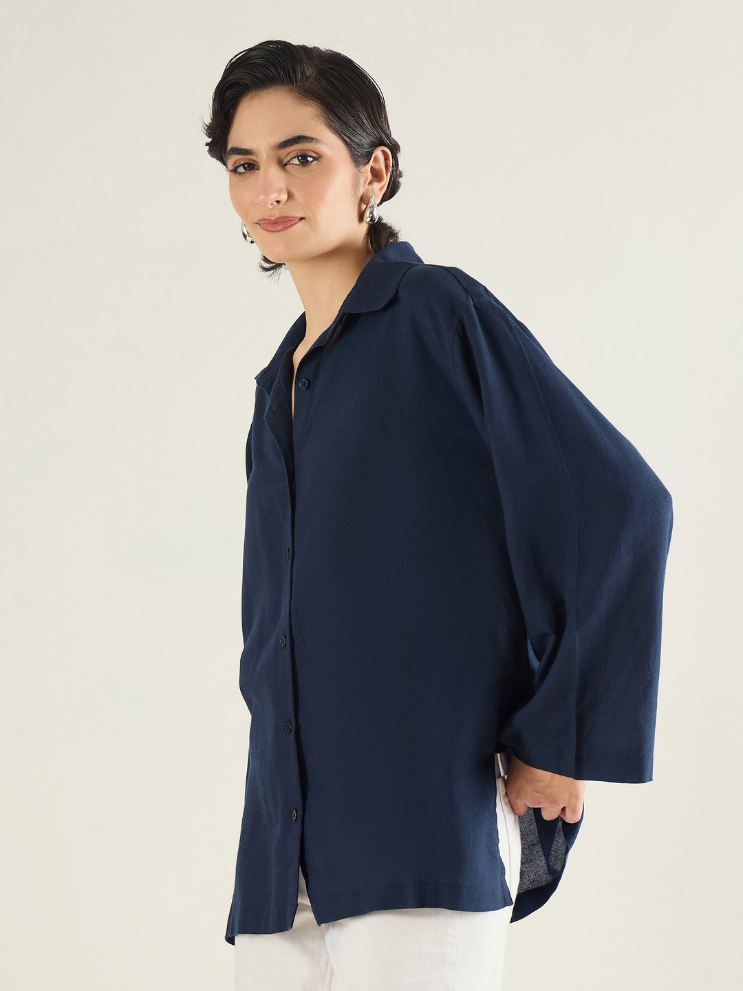 Women Navy Linen Oversize Shirt