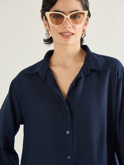 Women Navy Linen Oversize Shirt