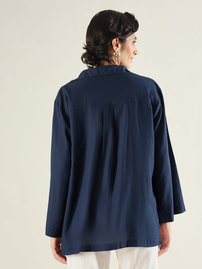 Women Navy Linen Oversize Shirt