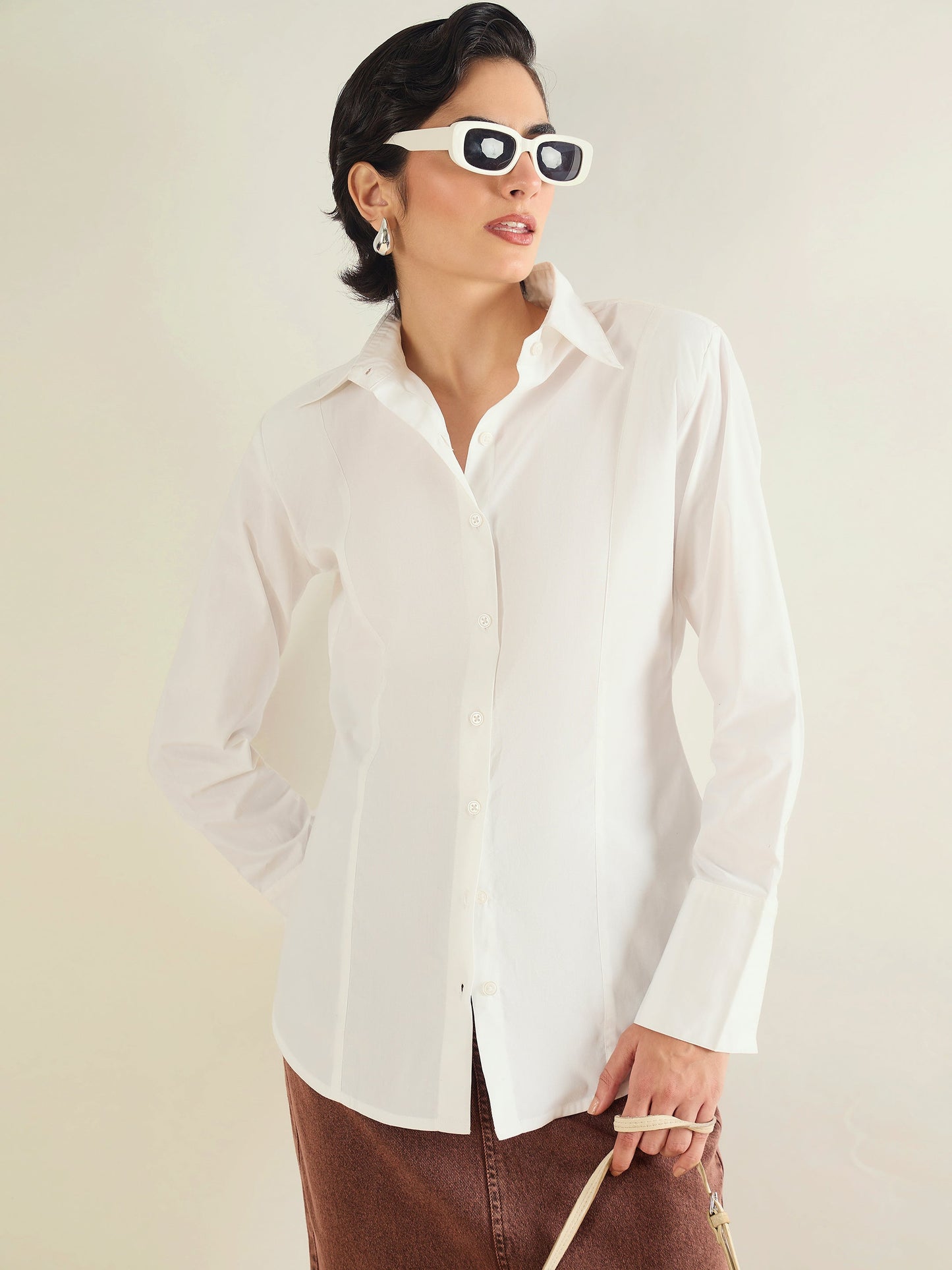 White Shoulder Padded Slim Fit Poplin Shirt