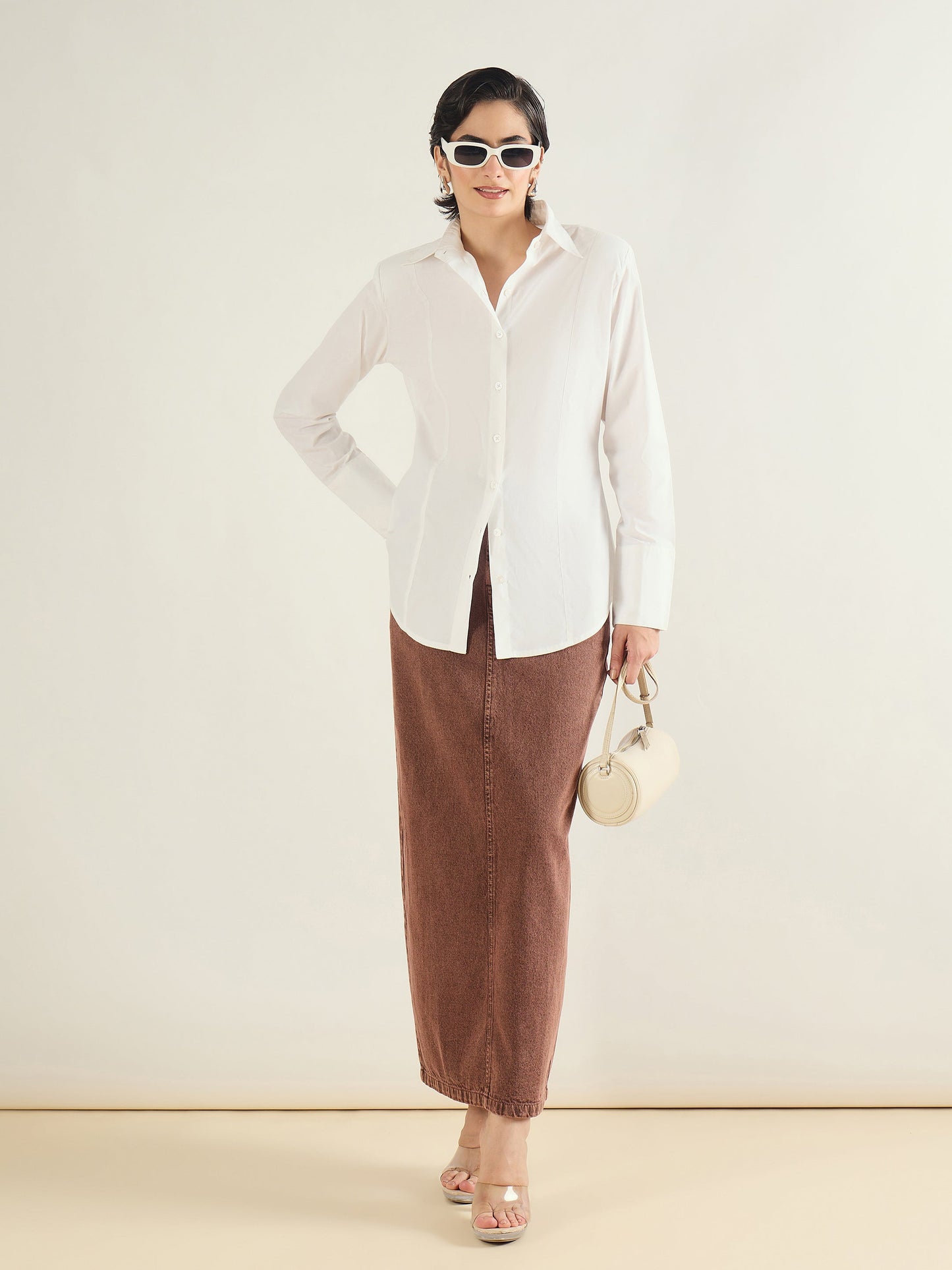 White Shoulder Padded Slim Fit Poplin Shirt