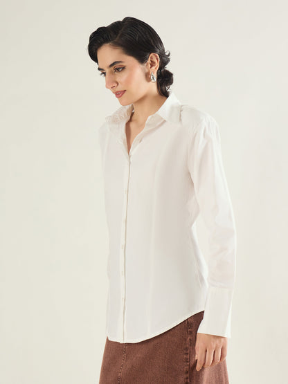White Shoulder Padded Slim Fit Poplin Shirt