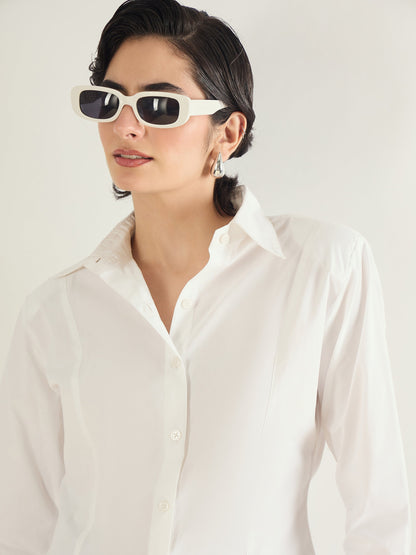 White Shoulder Padded Slim Fit Poplin Shirt