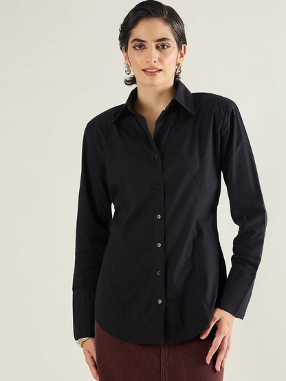 Black Shoulder Padded Slim Fit Poplin Shirt