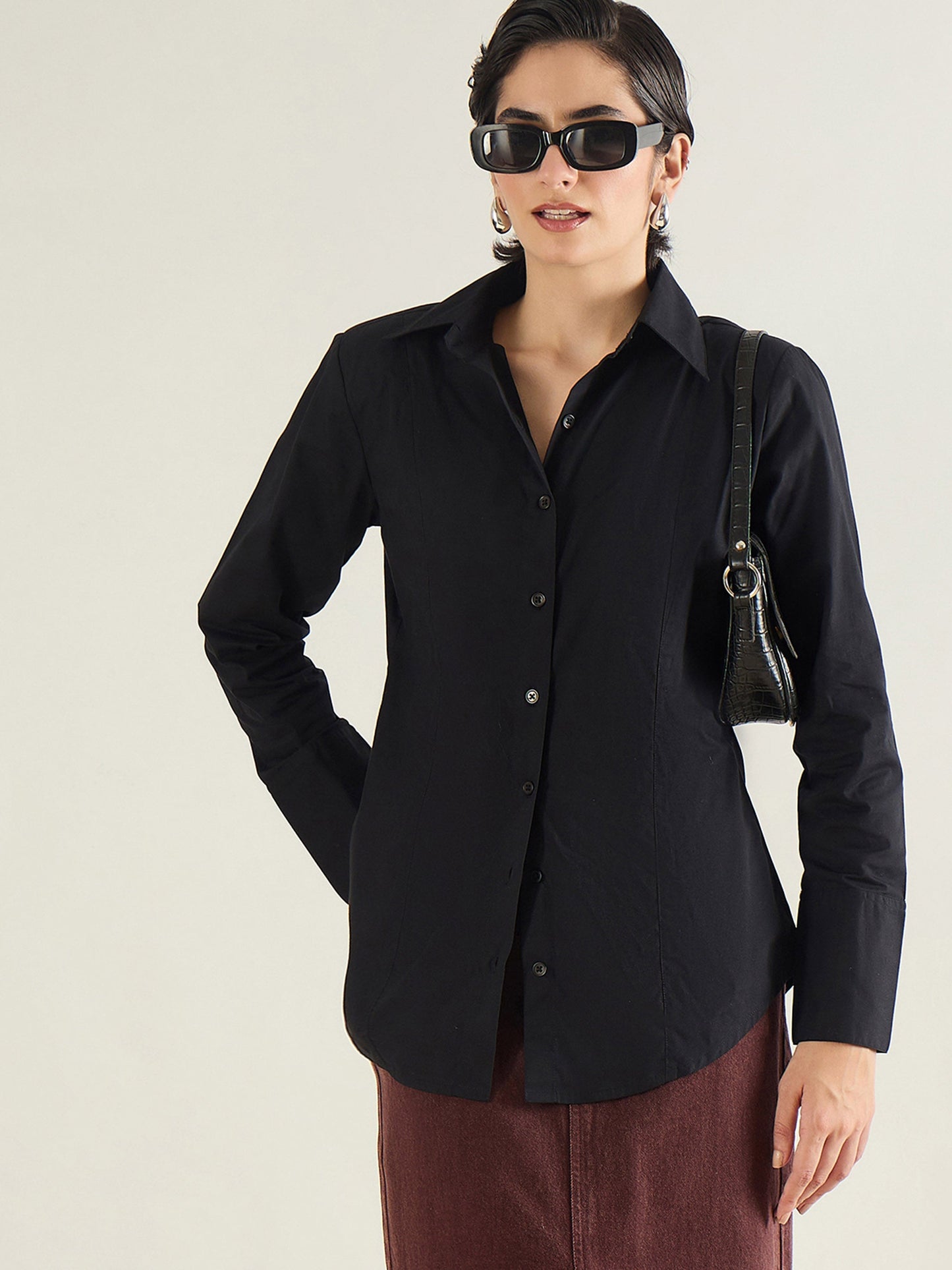 Black Shoulder Padded Slim Fit Poplin Shirt