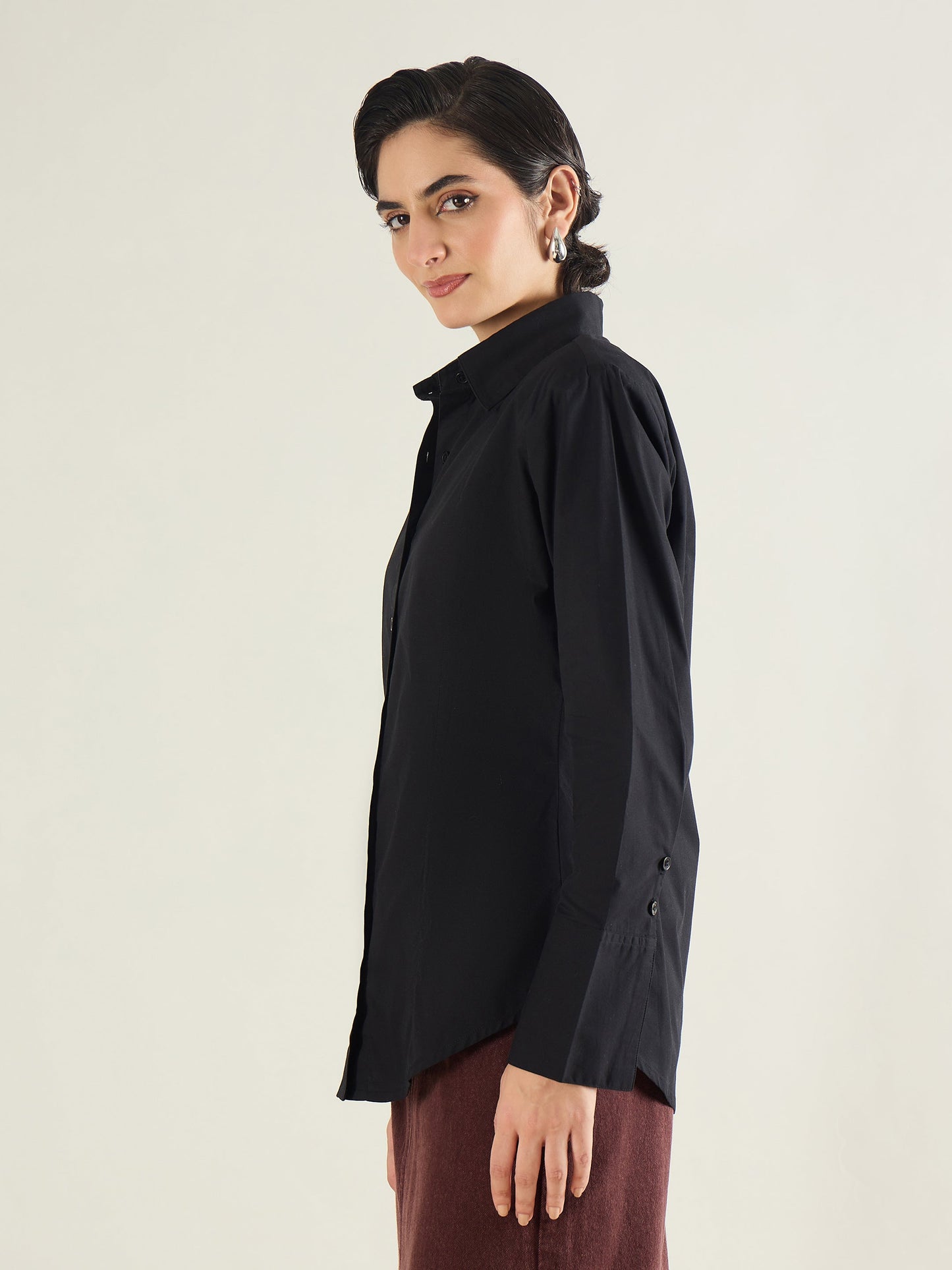 Black Shoulder Padded Slim Fit Poplin Shirt