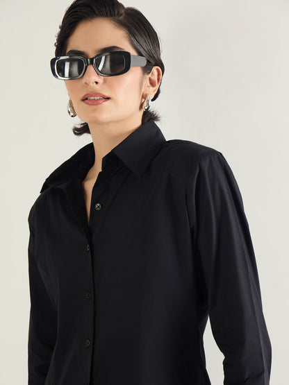 Black Shoulder Padded Slim Fit Poplin Shirt