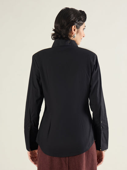 Black Shoulder Padded Slim Fit Poplin Shirt