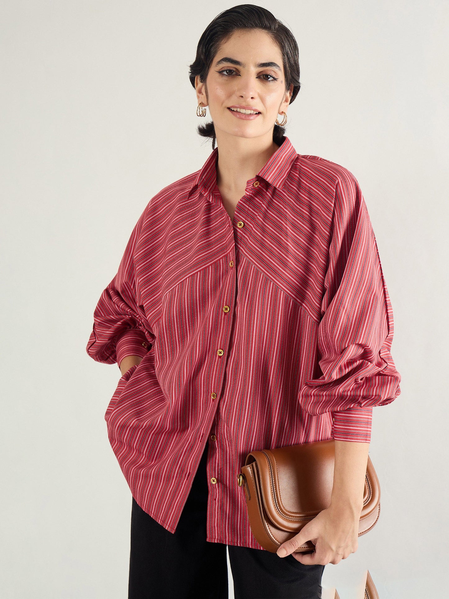 Women Red & White Stripe Oversized Shirt