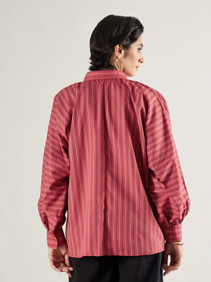 Women Red & White Stripe Oversized Shirt