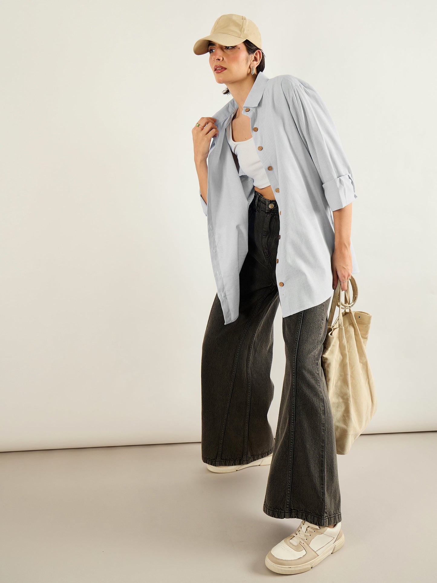 Grey & White Penny Stripes Oversized Shirt