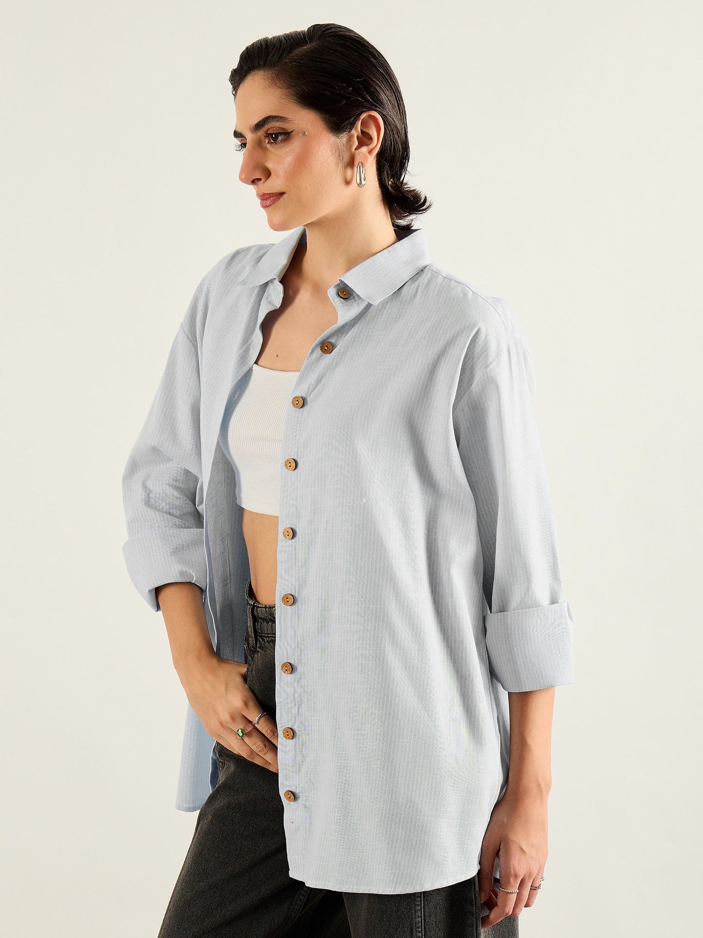 Grey & White Penny Stripes Oversized Shirt