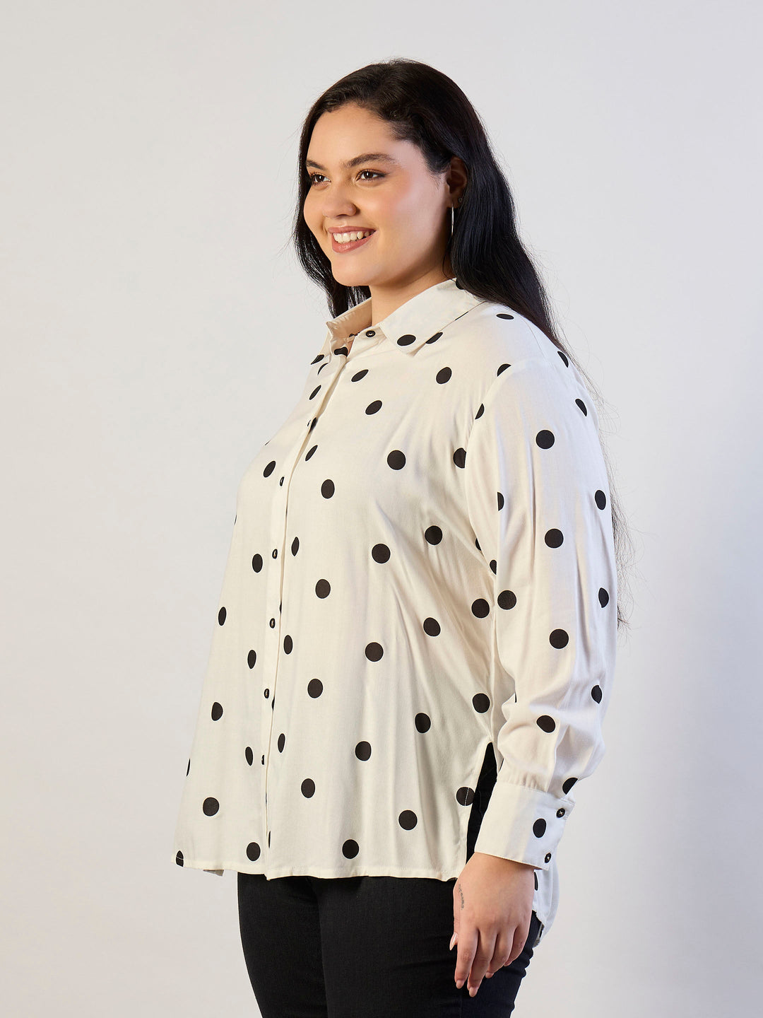 White &amp; Black Polka Dot Regular Shirt-SASSAFRAS CURVE
