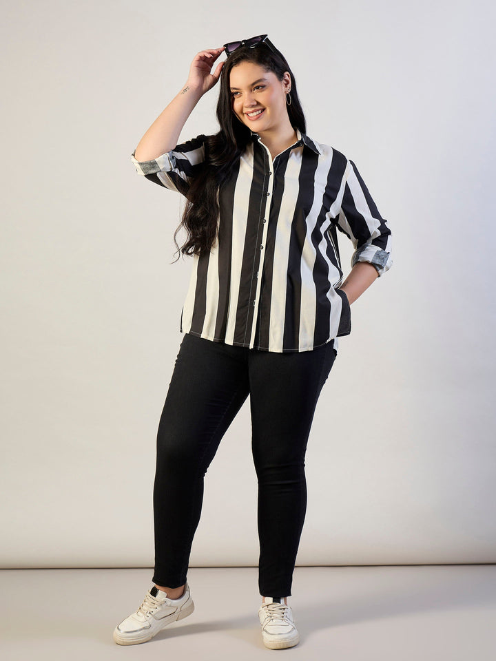 Black &amp; White Striped Regular Shirt-SASSAFRAS CURVE