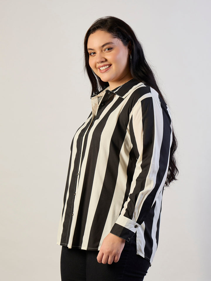 Black &amp; White Striped Regular Shirt-SASSAFRAS CURVE
