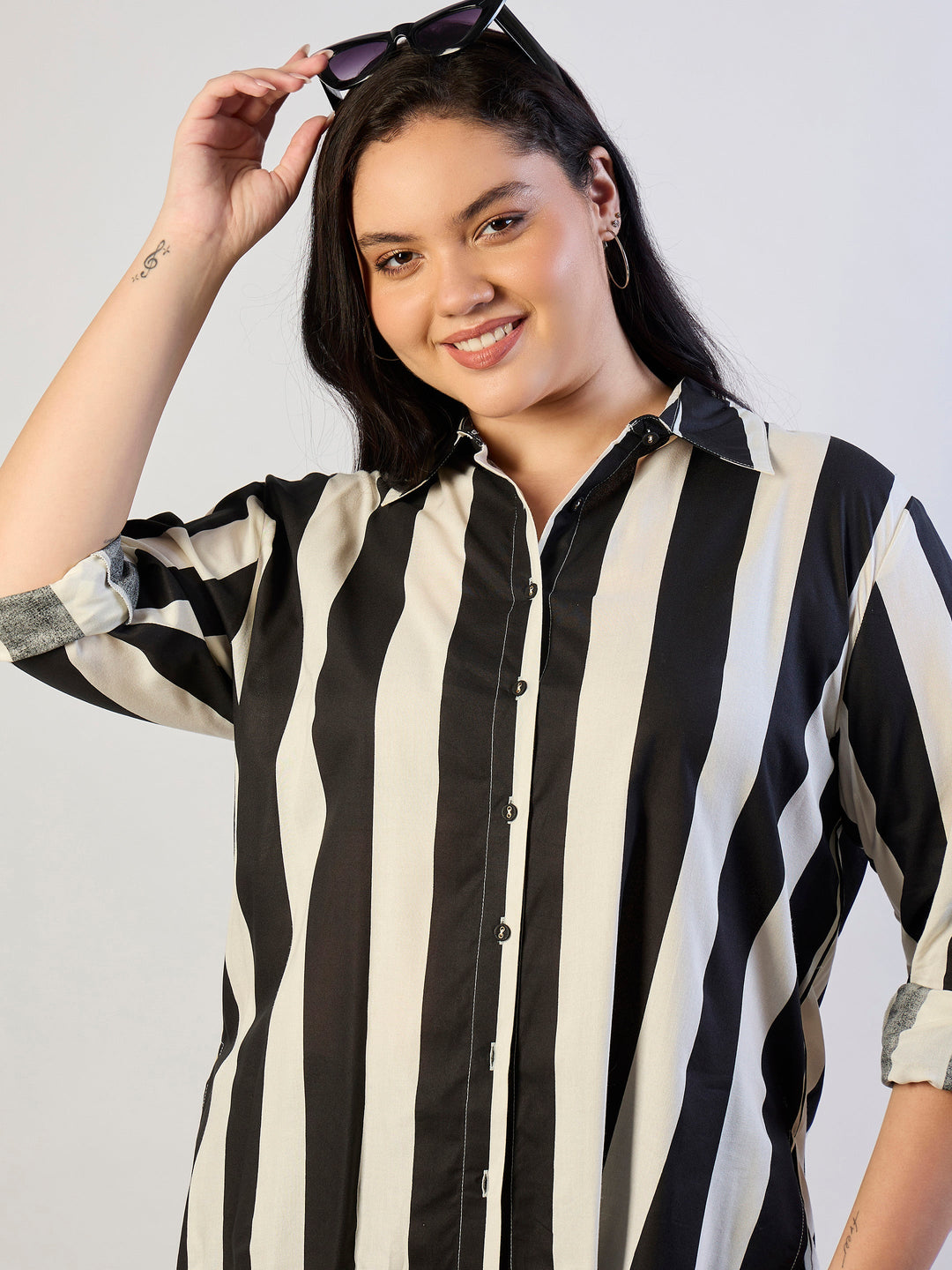 Black &amp; White Striped Regular Shirt-SASSAFRAS CURVE