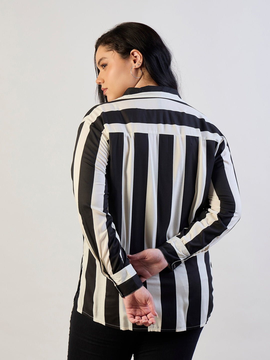 Black &amp; White Striped Regular Shirt-SASSAFRAS CURVE