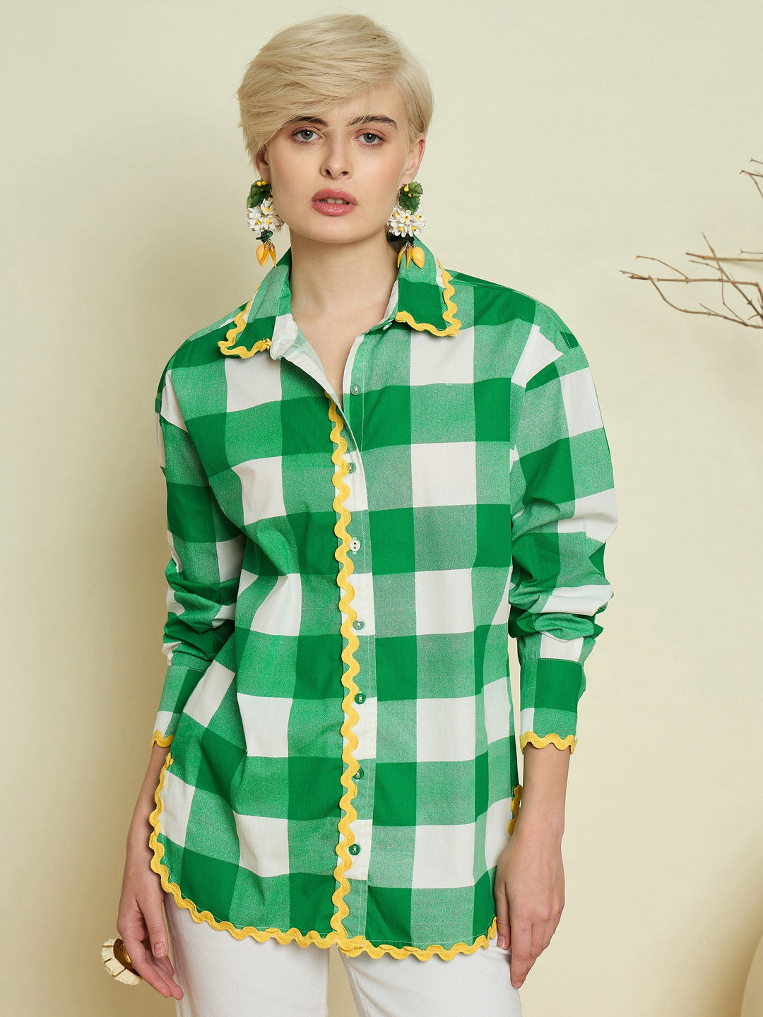 Women Green Big Check Ric Rac Regular Shirt