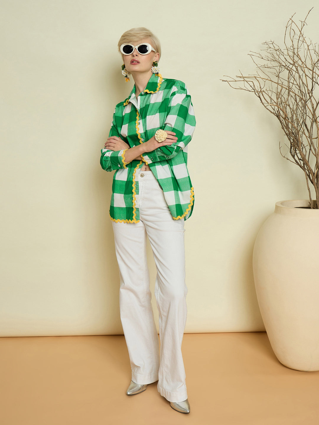 Women Green Big Check Ric Rac Regular Shirt