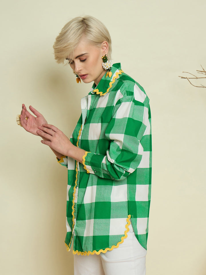 Women Green Big Check Ric Rac Regular Shirt