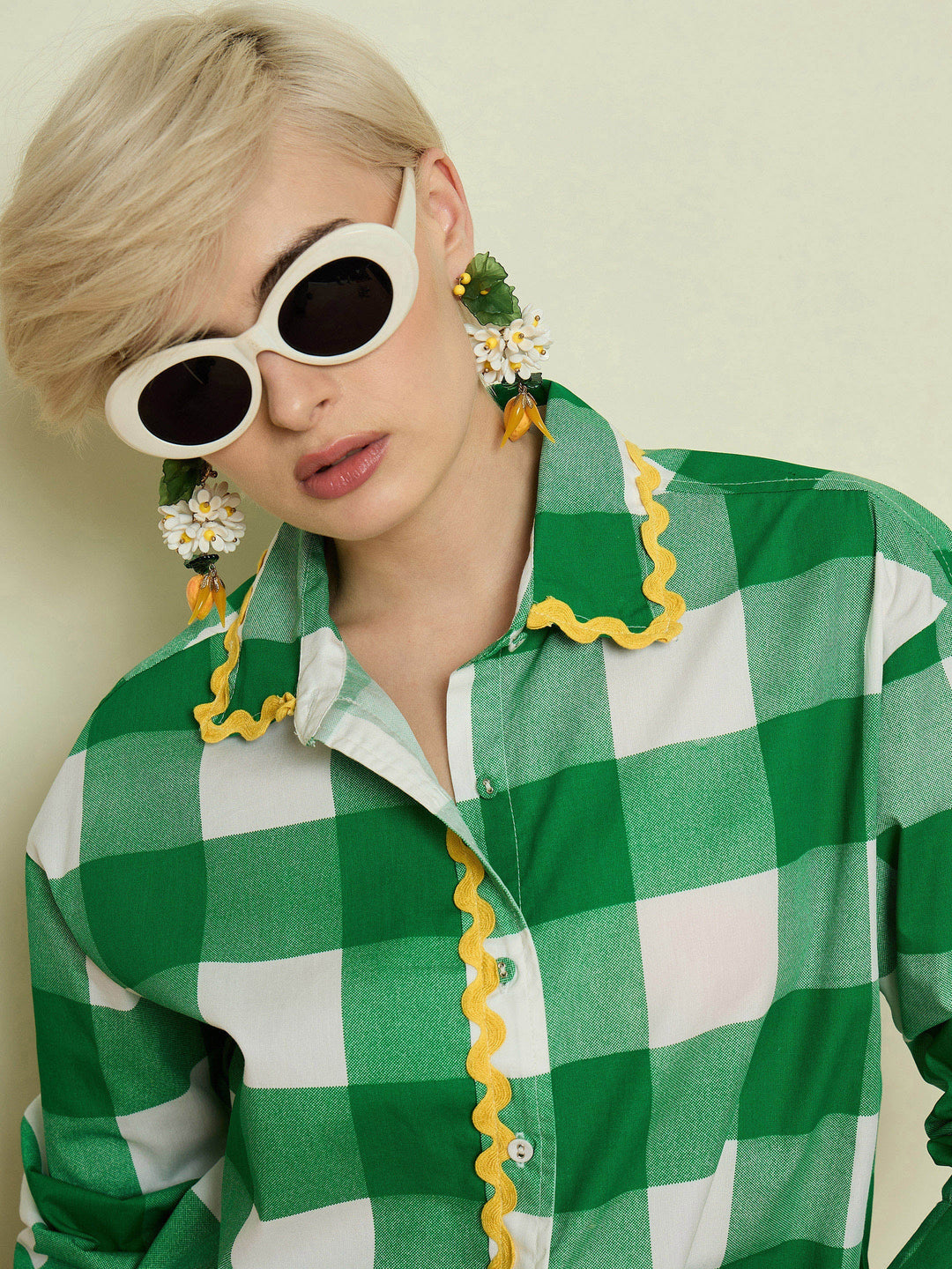 Women Green Big Check Ric Rac Regular Shirt