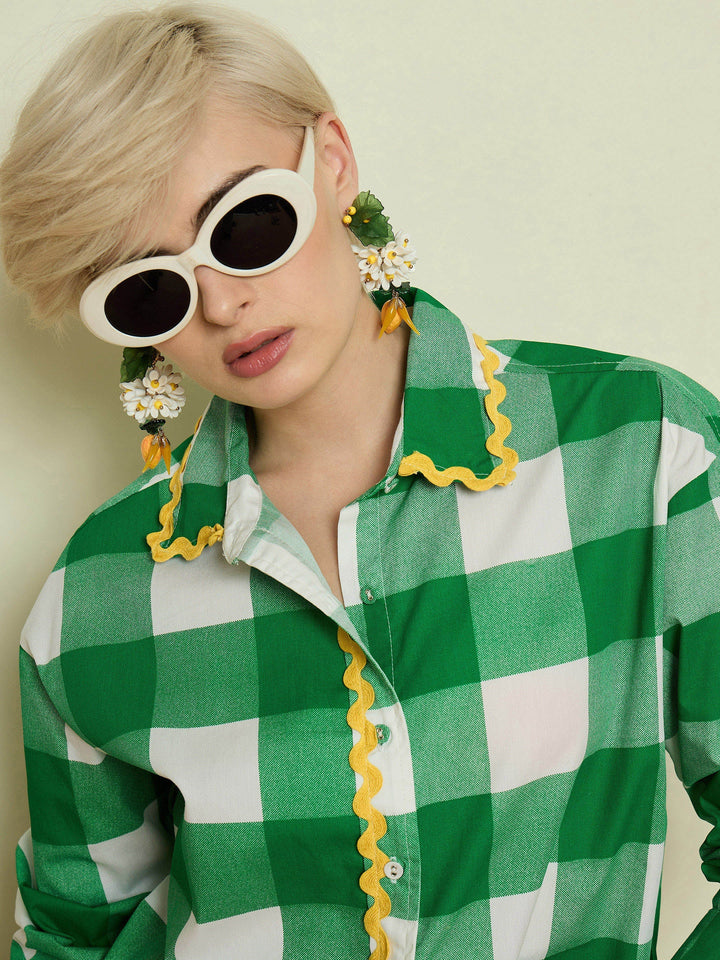 Women Green Big Check Ric Rac Regular Shirt
